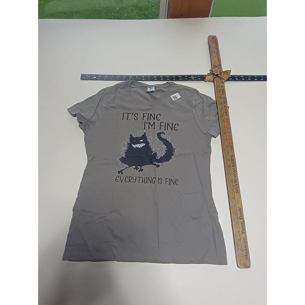 Grey T-Shirt with 'It's Fine' Cat Meme - Size Small